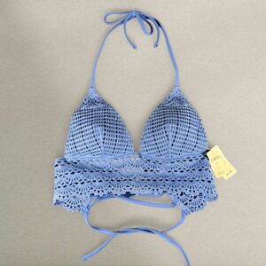 Aerie Blue Crochet Halter Bikini Top Size Small NWT Shell Print Lined Tie Back